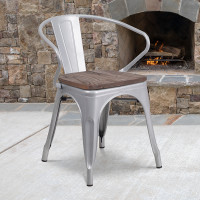 Flash Furniture CH-31270-SIL-WD-GG Silver Metal Chair with Wood Seat and Arms 